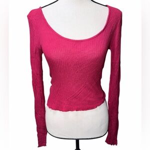 Forever 21 Red Ribbed Lettuce Trim Long Sleeve Crop Top Size Small